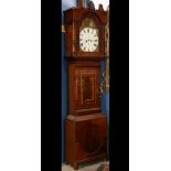 English mahogany tall case clock, 19th century, having a broken pediment top, above a glass door,