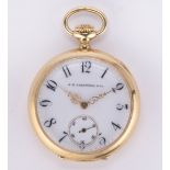 J.E. Caldwell & Co. 18k yellow gold open face pocket watch Dial: round, white, enamel, black