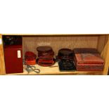 (lot of 40+) One shelf of Japanese lacquer ware, consisting of two boxes, one in red carved with