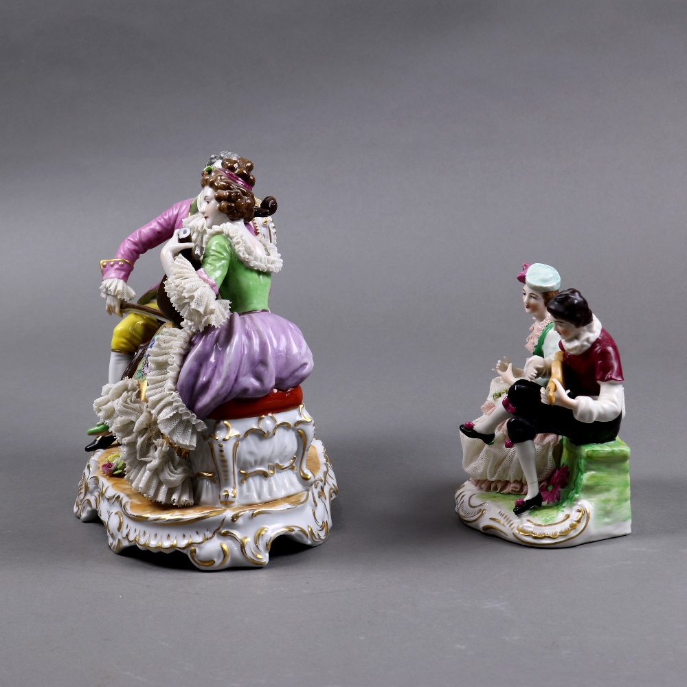 (lot of 2) German crinoline porcelain figural groups, each depicting a courting couple playing - Image 2 of 7