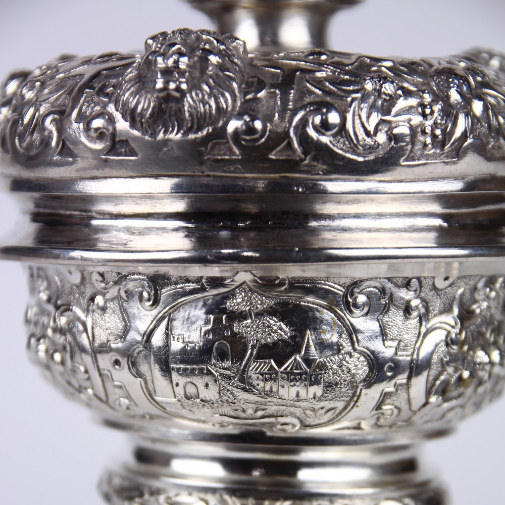Austro-Hungarian covered silver wine goblet circa 1880, the conforming repousse lid surmounted by - Image 7 of 9