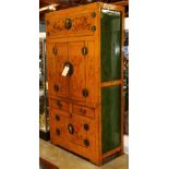 Chinese polychrome lacquered cabinet, fronted by three pairs of hinged double doors and a row of two