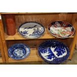 (lot of 6) One shelf of Japanese ceramic, including a terracotta vase with grape vines; four