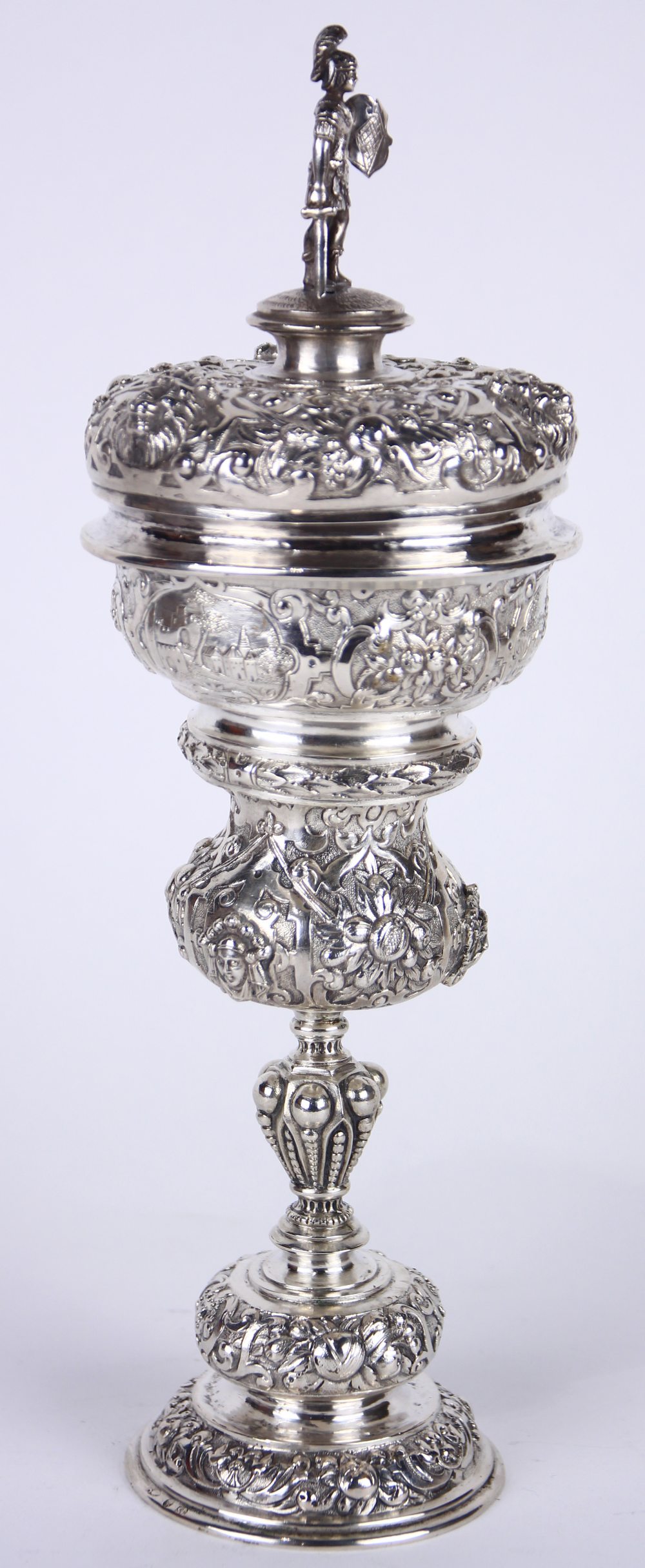 Austro-Hungarian covered silver wine goblet circa 1880, the conforming repousse lid surmounted by - Image 2 of 9