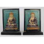 (lot of 2) Chinese glazed ceramic tiles, mounted as bookends, each with a Buddhist figure seated
