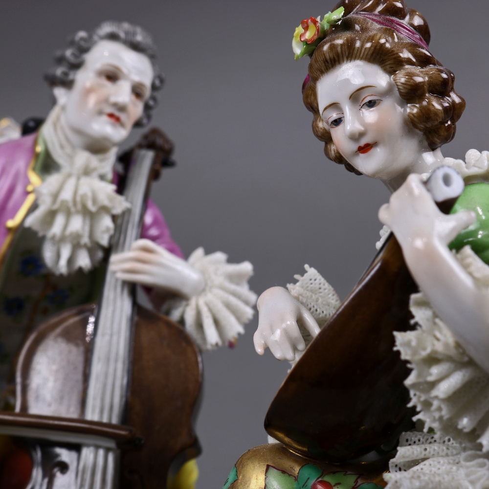 (lot of 2) German crinoline porcelain figural groups, each depicting a courting couple playing - Image 5 of 7