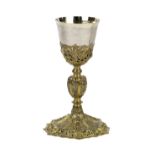 Early Continental ecclesiastical gilt silver chalice, Germany 17th century, the flaring gilded cup