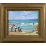 American School (20th century), Children on the Beach, oil on canvas, signed indistinctly "B.