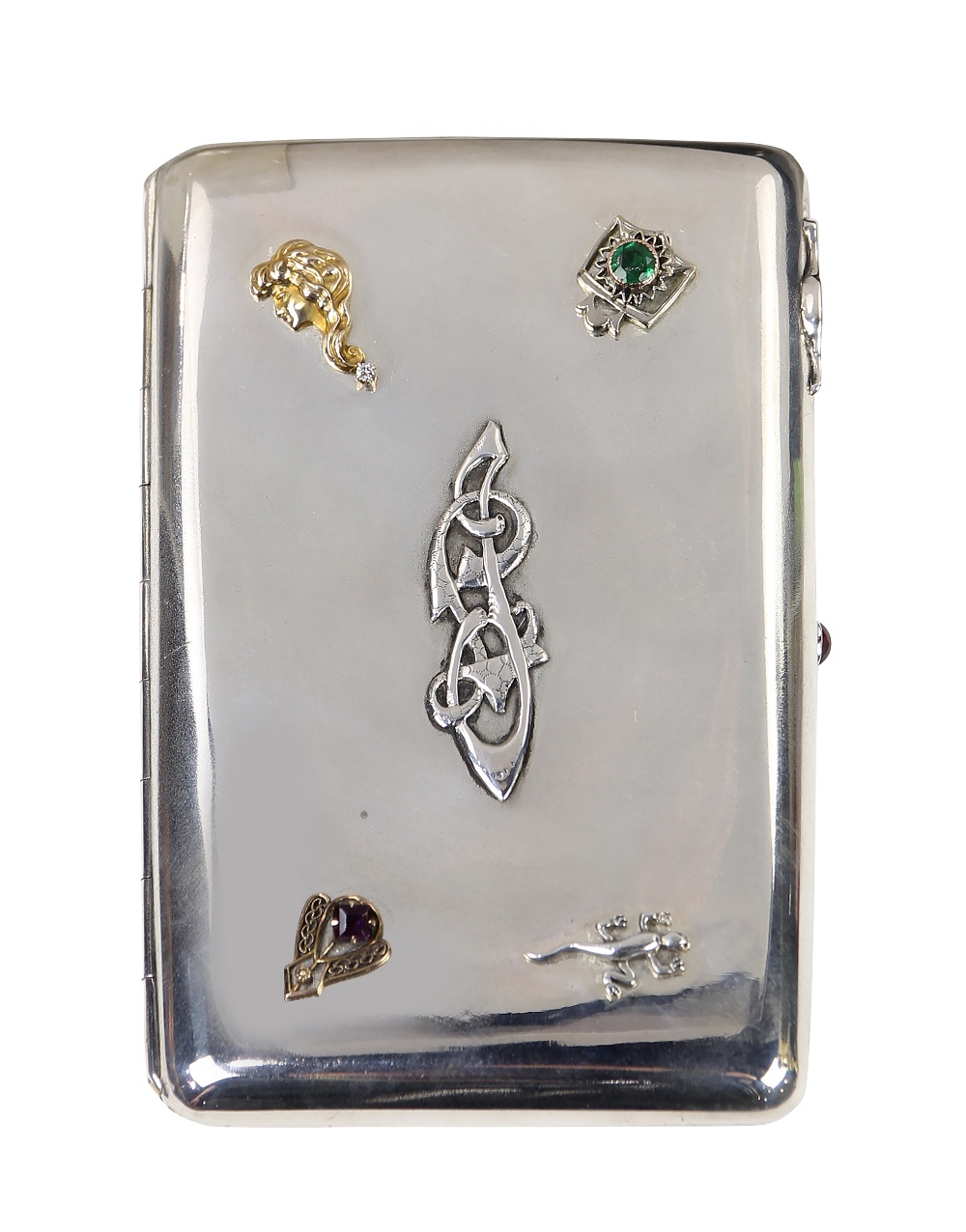 Russian sterling silver cigarette case, having a rectangular form, front having each corner