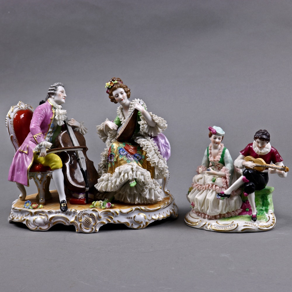 (lot of 2) German crinoline porcelain figural groups, each depicting a courting couple playing