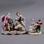 (lot of 2) German crinoline porcelain figural groups, each depicting a courting couple playing