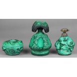 (lot 3) Art Deco malachite glass group, consisting of an atomizer, the body adorned with putti, a