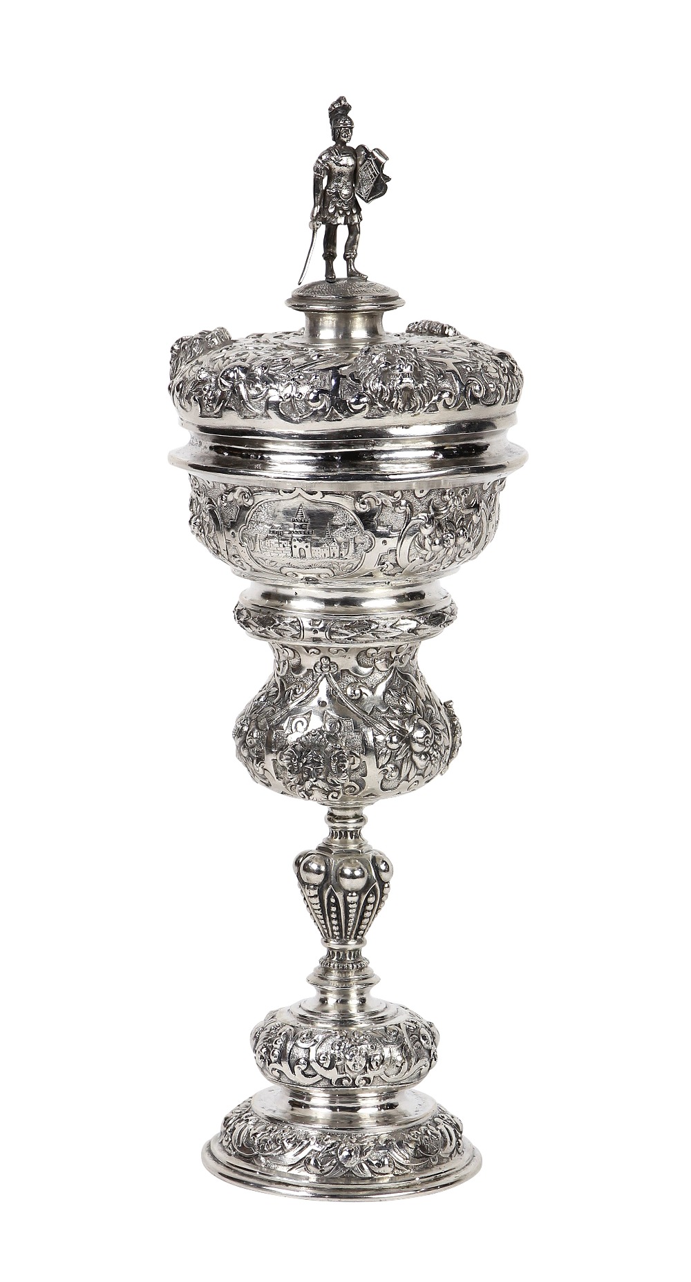 Austro-Hungarian covered silver wine goblet circa 1880, the conforming repousse lid surmounted by