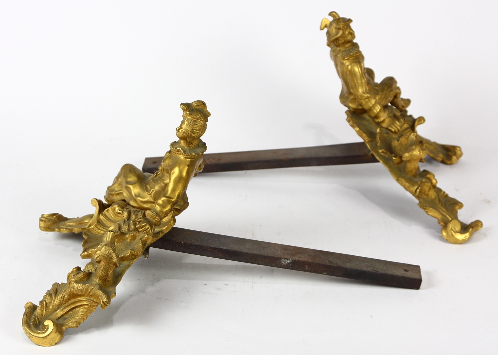 Pair of Louis XV style gilt bronze andirons, each decorated with a figure of a youth dressed in - Image 3 of 4