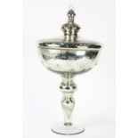 Moderne mercury glass lidded compote, having a circular bowl accented with jeweled stars, above