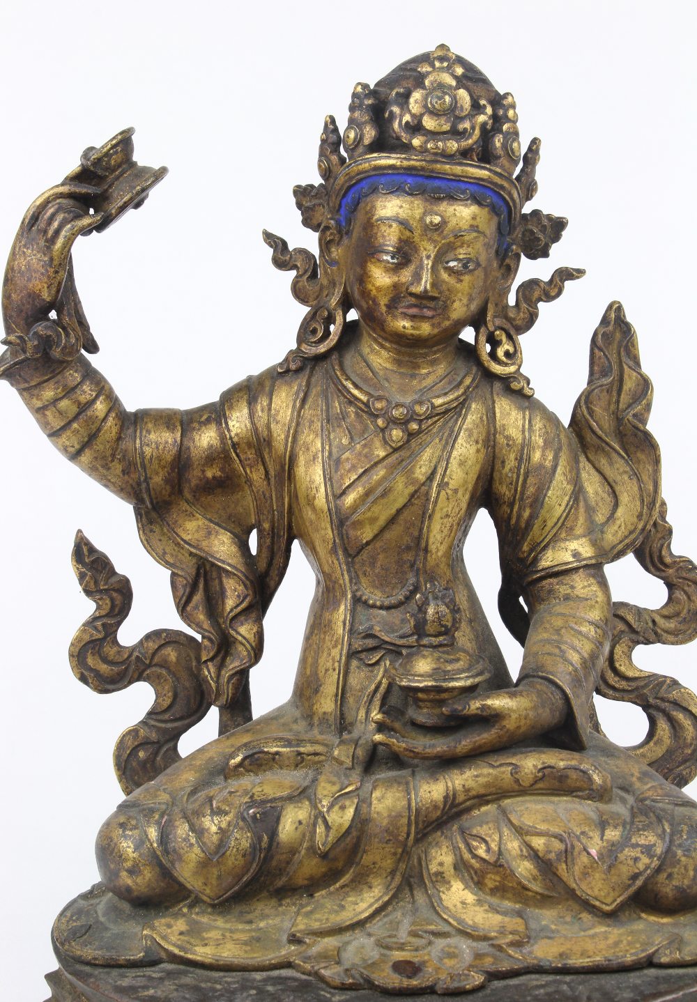 Himalayan gilt bronze bodhisattva, 19th century, with blue hair topped with a five-point diadem, - Image 5 of 6