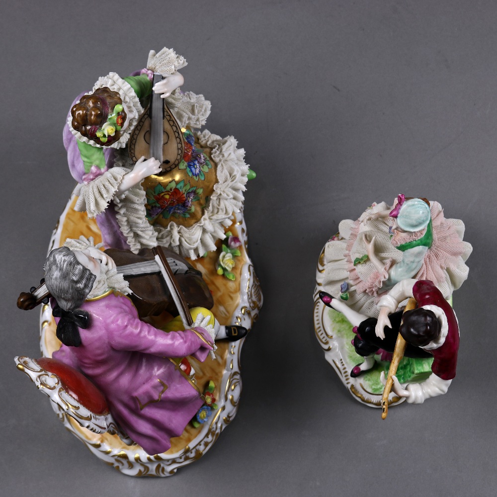 (lot of 2) German crinoline porcelain figural groups, each depicting a courting couple playing - Image 6 of 7