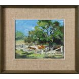 Douglas Parshall (American, 1899-1990), "Cattle Ranch," oil on board, signed lower left, titled