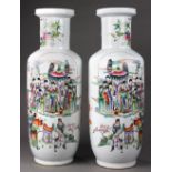 (lot of 2) Chinese enameled porcelain vases, each with a dish rim and neck decorated with flowers,