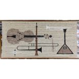 Mid-Century wall hanging, depicting musical instruments, signed "Ross Litiell", 24"h x 45"w