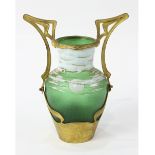 Loetz Art Nouveau metal overlay art glass vase, the shouldered form having a gilt white cut to green