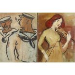 Lady Playing Violin & Sailors, oils on canvas, unsigned, canvases (unframed): 16"h x 12"w