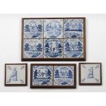 (lot of 4) Framed Delft blue and white tiles, each decorated with wine harvesters carrying grapes,