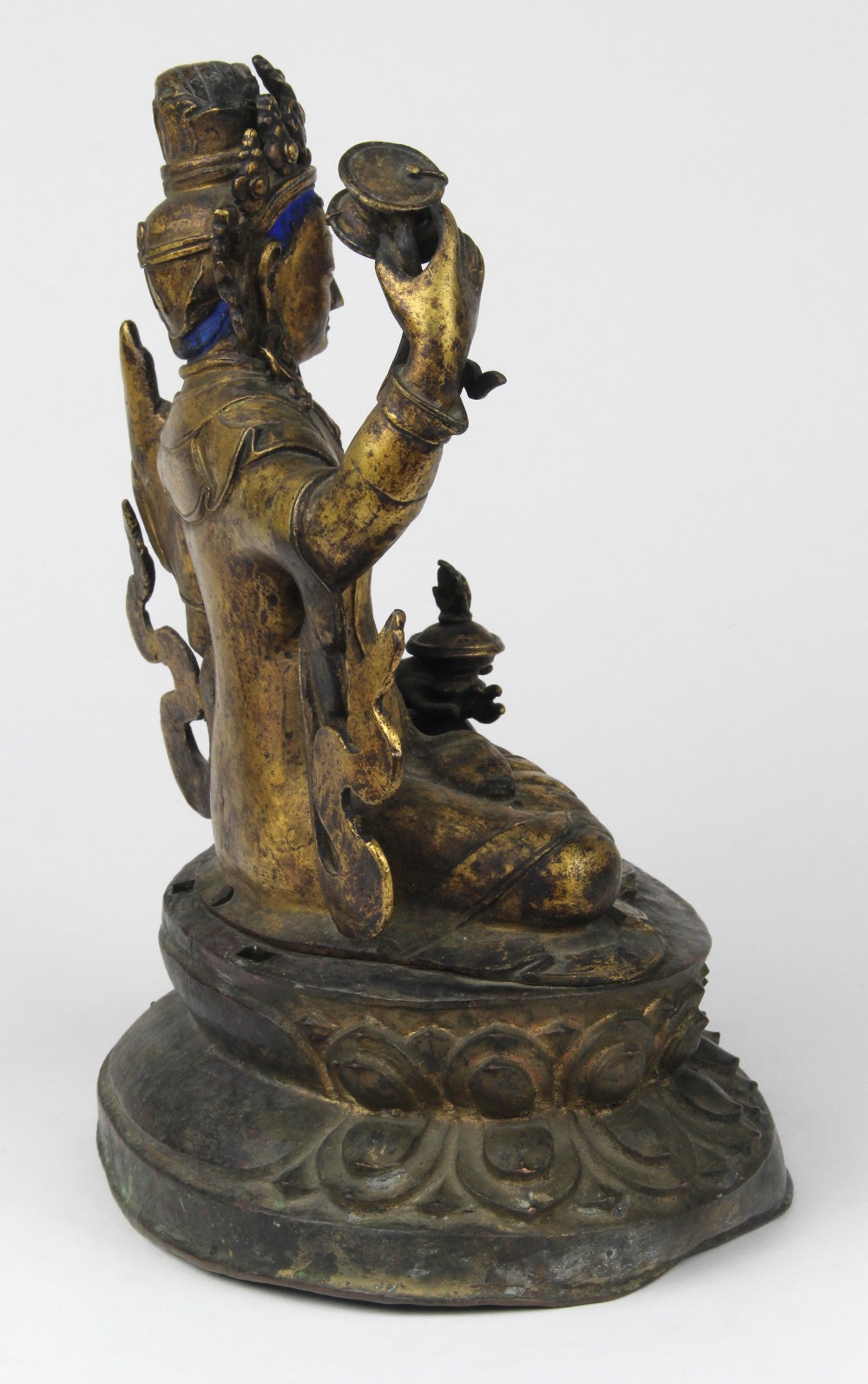 Himalayan gilt bronze bodhisattva, 19th century, with blue hair topped with a five-point diadem, - Image 3 of 6