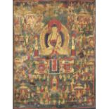 Himalayan painted thangka, Shakyamuni, ink/gilt and color on textile, the Buddha sits in a