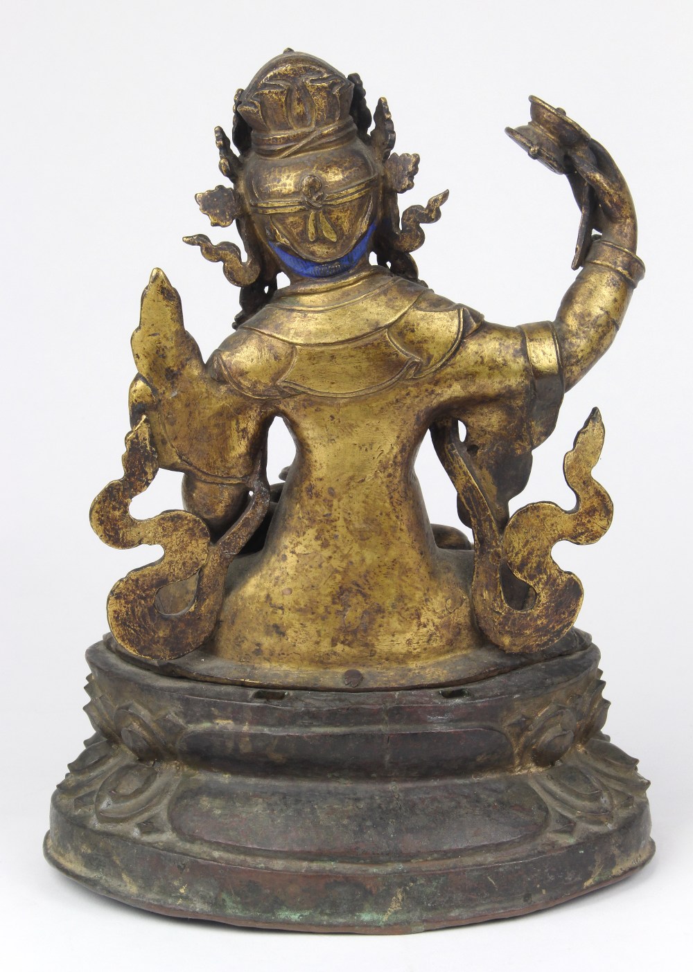 Himalayan gilt bronze bodhisattva, 19th century, with blue hair topped with a five-point diadem, - Image 4 of 6