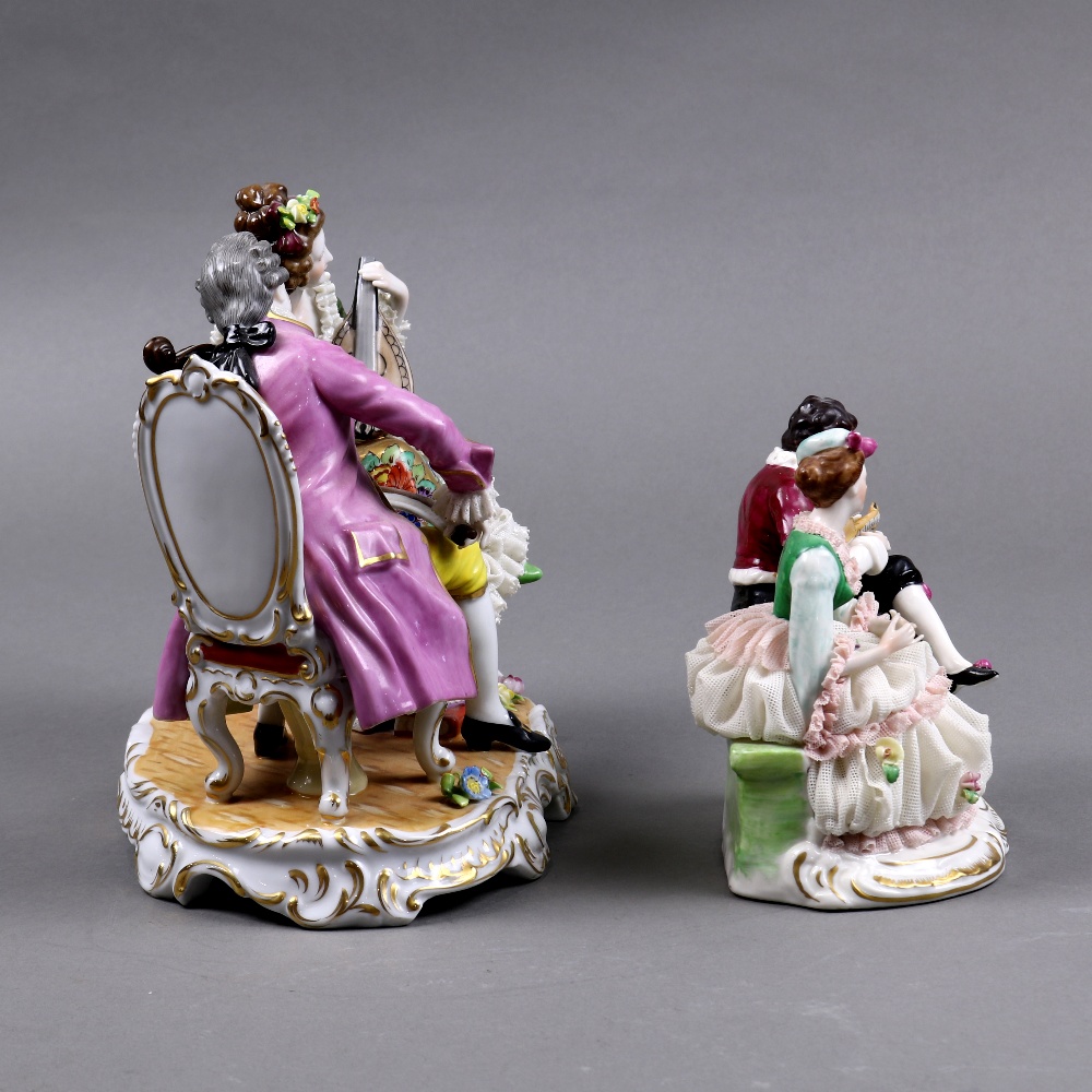 (lot of 2) German crinoline porcelain figural groups, each depicting a courting couple playing - Image 4 of 7