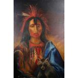 Native American with Raccoon, oil on canvas, unsigned, 20th century, canvas (unframed): 54"h x 36"w