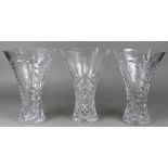 (lot of 3) Stuart crystal vase group, each having a tapered form, two decorated with flowers, each