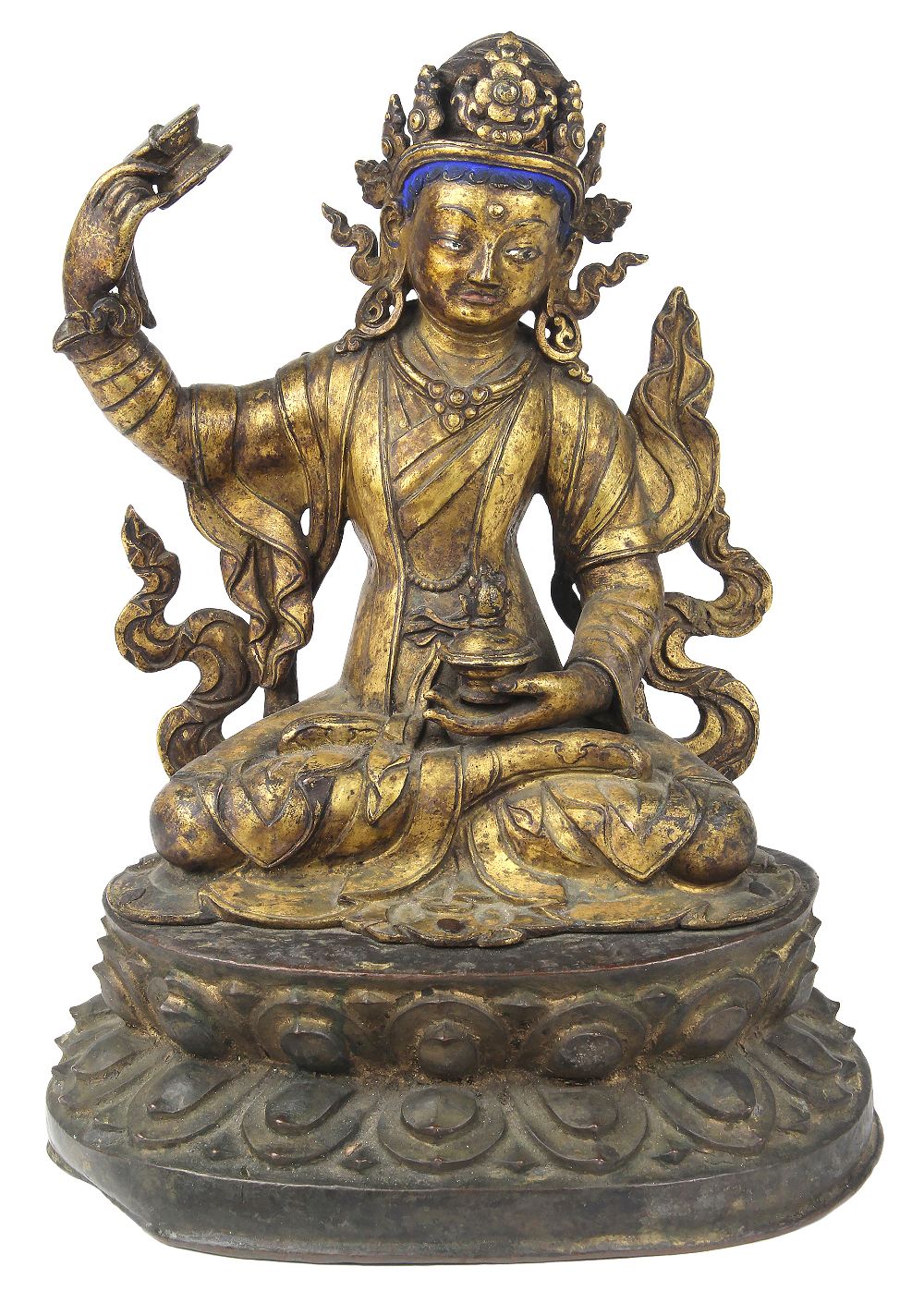 Himalayan gilt bronze bodhisattva, 19th century, with blue hair topped with a five-point diadem,