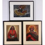 (lot of 3) Juan de la Machicado (Peruvian, 20th century), Portraits of Ladies (2) and Fishing boat