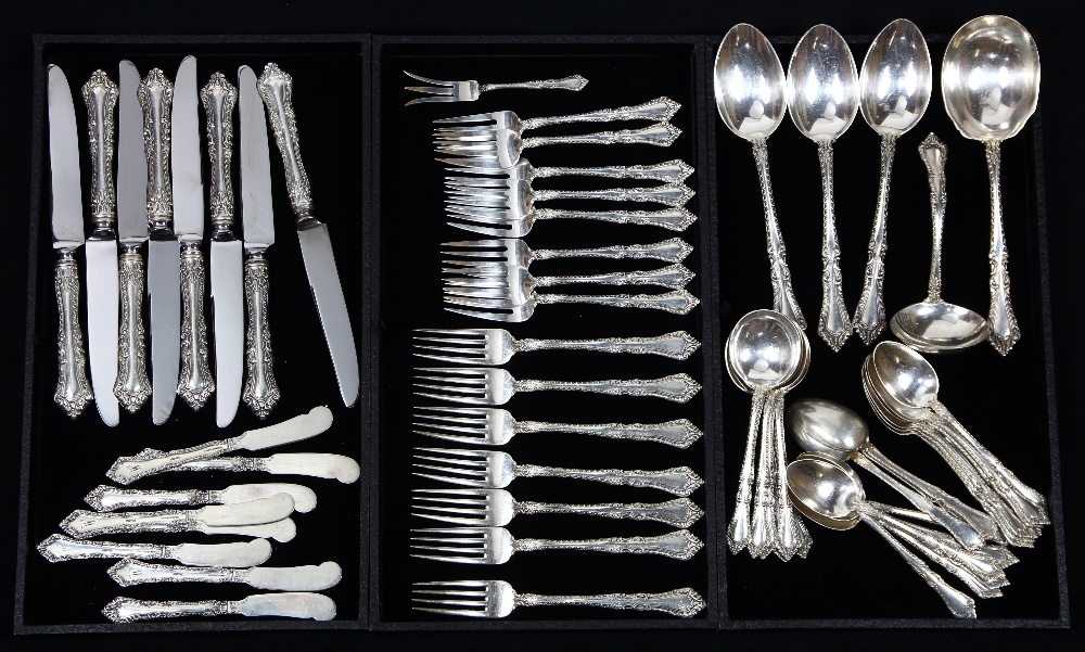 (lot of 60) Watson sterling silver flatware partial service, executed in the "Foxhall" pattern,