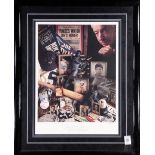 Framed memorabilia relating to Joe DiMaggio, featuring a printed collage with images pertaining to