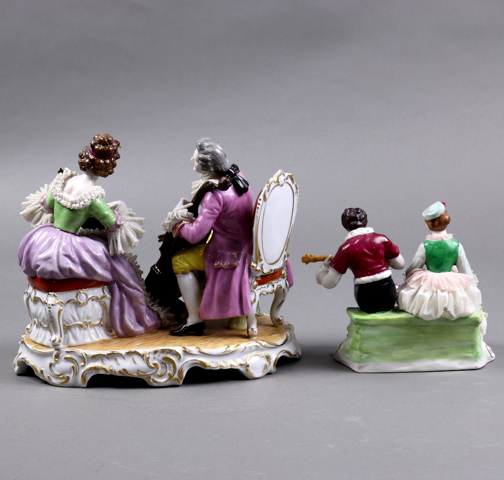 (lot of 2) German crinoline porcelain figural groups, each depicting a courting couple playing - Image 3 of 7