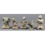 (lot of 5) Thai celadon glazed ceramic figures, featuring one bird and four seated figures (some