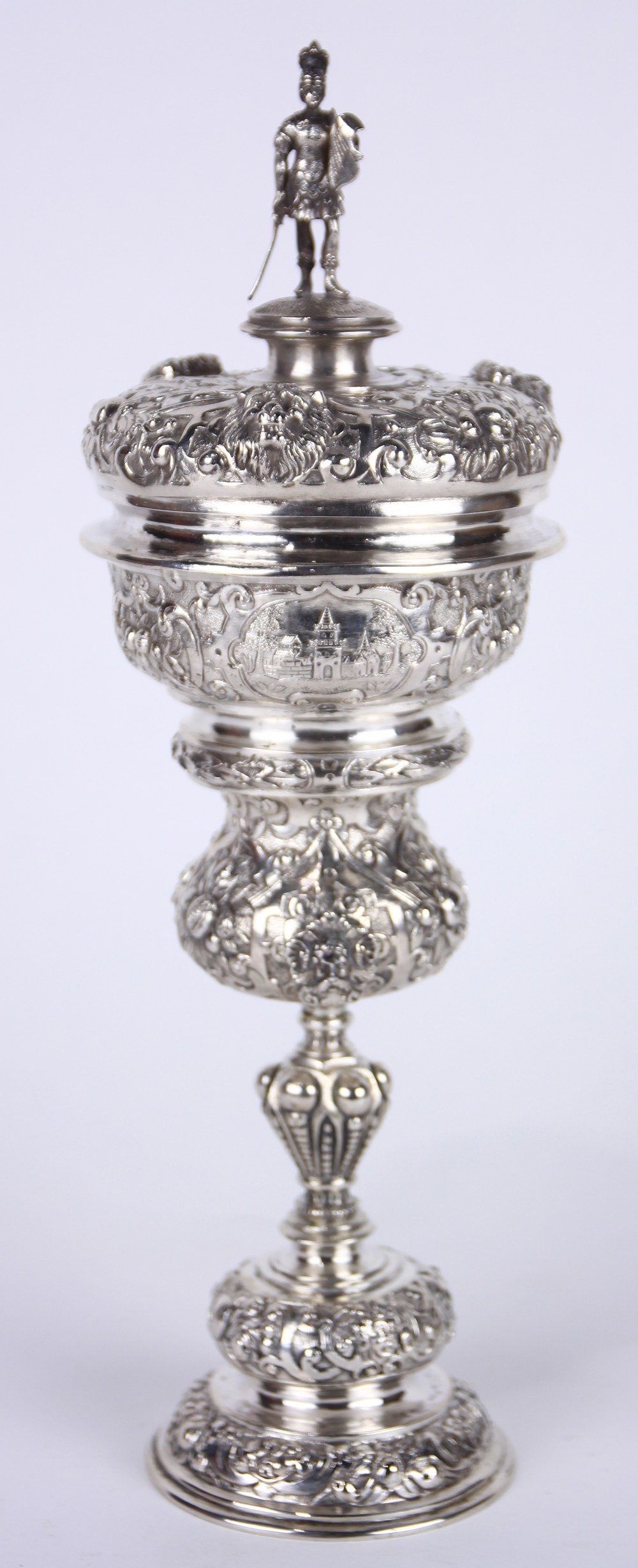 Austro-Hungarian covered silver wine goblet circa 1880, the conforming repousse lid surmounted by - Image 3 of 9