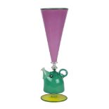 Richard Marquis "Teapot" art glass sculpture, in the form of a goblet, having a pink funnel, above a