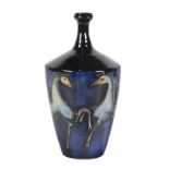 Polia Pillin underglaze decorated art pottery vase, having a stick neck, above a tapered form,