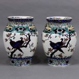 (lot of 2) Pair of Japanese Kutani vases, lappet band to the rim above the short neck, featuring