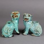 (lot of 2) Chinese glazed ceramic mythical beasts, in the form of candle holders, each of the