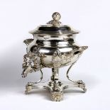 Regency style silver plate hot water urn; having a melon form final, the compressed spherical body