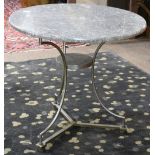 Contemporary brushed steel bistro table, having a circular variegated marble top above the tubular