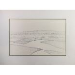 Kean Costello (American, 20th century), Abstraction, charcoal on paper, and Flat Lands, ink on