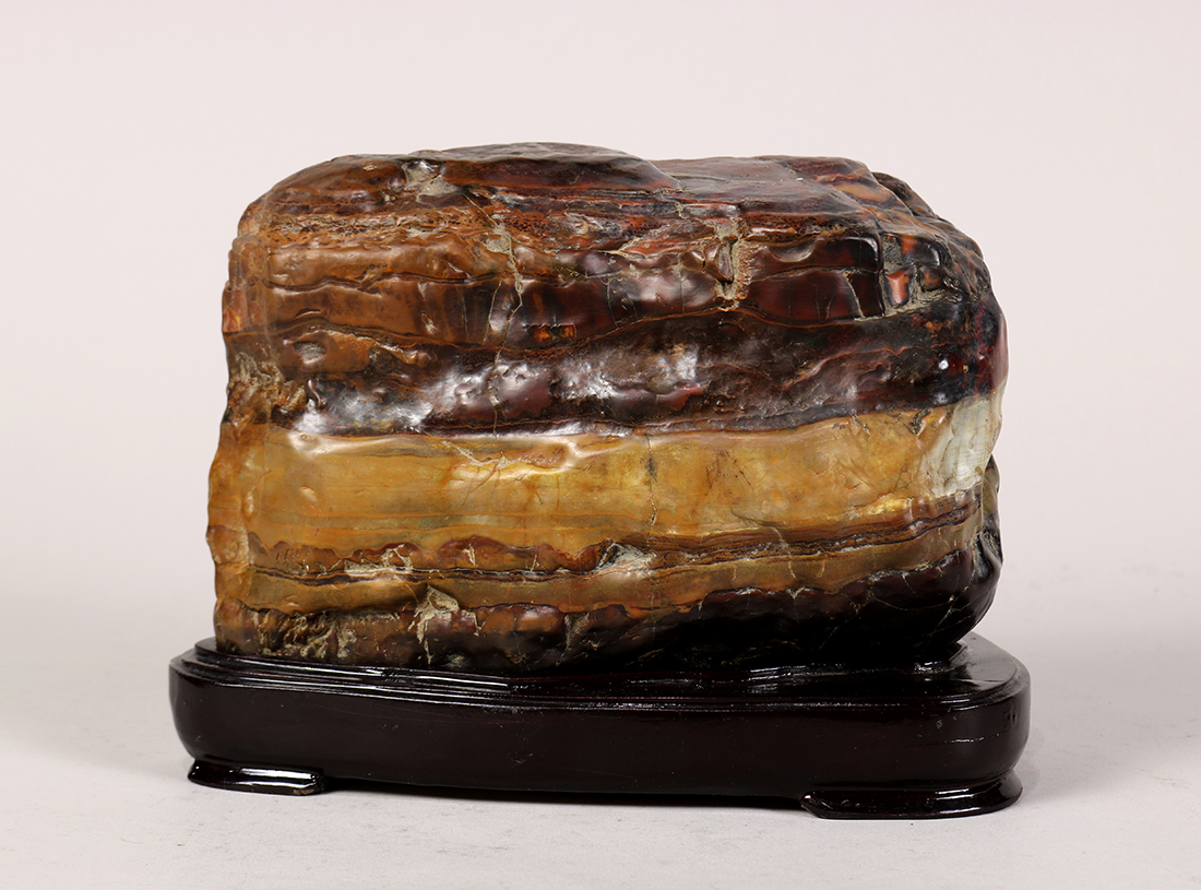 Chinese scholar's rock, reminiscent of a cooked pork belly, with layers of mottled brown and tan - Image 3 of 5