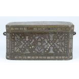 Southeast Asian alloy metal betel nut box, of rectangular form with silver inlay of floral motifs,