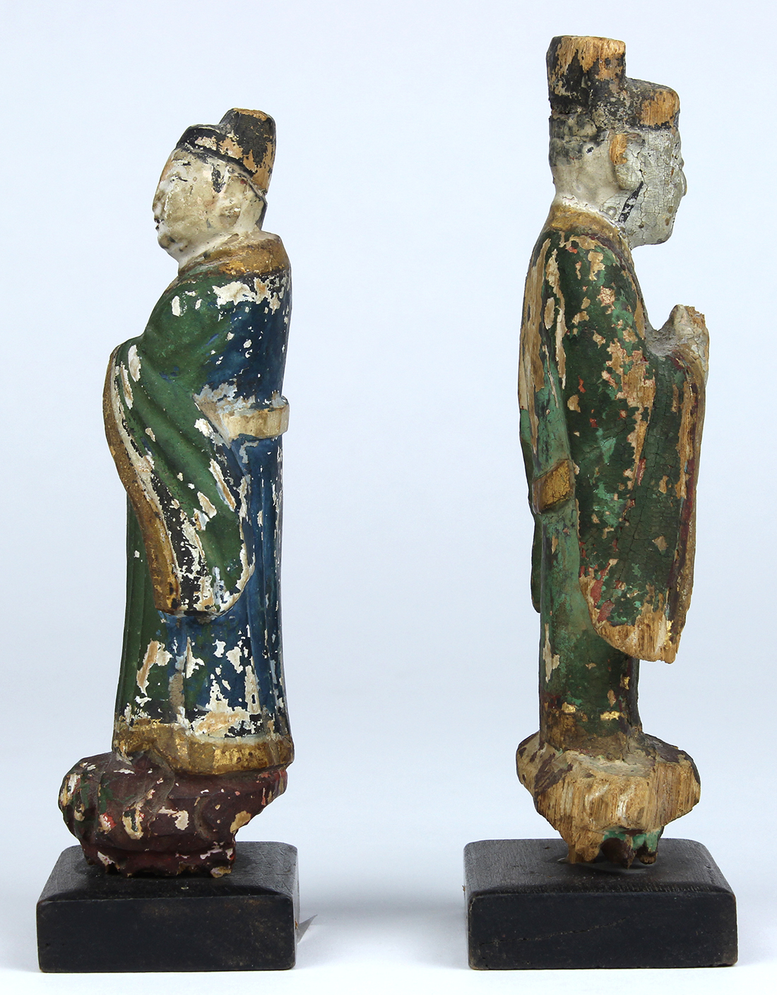 (lot of 2) Chinese polychrome wood figures, each of a standing official in court attire, figure: - Image 2 of 4